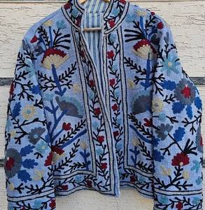 Floral Embroidered Knitted Blouson <b>Jacket</b> <b>Women</b> Mandarin Collar Open Front <b>Spring</b> Cotton Handwork Regular Length Full Sleeve - Product Image 3