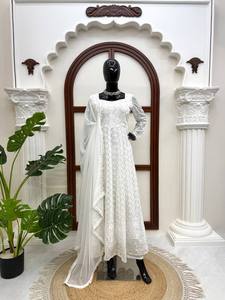 White <b>Sequin</b> Embroidered Salwar Kameez Set Faux Georgette Crepe Silk Dupatta Wedding Party Women - Product Image 2