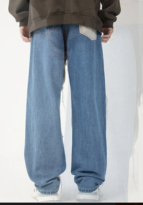 Jean baggy patchwork femme, bleu beige, color block, effet usé, coupe large, pantalon en denim ample, style streetwear - Product Image 3