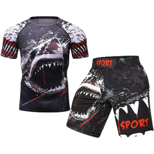Men's Shark Print Rash Guard Set Short Sleeve Quick Dry <b>Athletic</b> Training Kit Sublimation Printed Sport Wear - Product Image 1