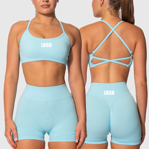 Ensemble de yoga 5 pièces sans couture en coton et élasthanne, avec soutien-gorge de sport ajustable, leggings à taille haute, contrôle du ventre, col en U et ourlet côtelé - Product Image 1