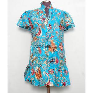 Robe Courte Bohème en Coton Pur Doux pour Femme, Col en V, Manches Courtes, Imprimé Palmiers Estampé à la Main, Style Minimaliste Décontracté pour le Bureau - Product Image 1