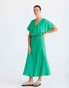 กระโปรงผ้าลินินทรงสวยทันสมัย เอวยางยืด ผ่าข้าง แต่งชายรุ่ย 100% ผ้าลินิน สีเขียวแอปเปิ้ล สำหรับผู้หญิง - Product Image 3