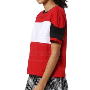 Womens Red <b>White</b> Black Color Blocked Stripe Round Neck Casual <b>Tshirt</b> Comfortable Cotton Fabric Soft Lightweight Summer Clothing - Product Image 1