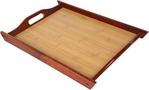 Plateau de service en bois d'acacia naturel de qualité supérieure, poignées en acier inoxydable, finition encaustique, plateau de présentation de buffet moderne et luxueux - Product Image 5