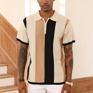 <b>Men's</b> Knitted Short Sleeve Polo Shirt Color Blocked Striped Casual Zipper Design Regular Fit - Product Image 2
