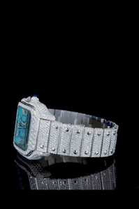 Blue Dial Square Stainless Steel Watch Moissanite Diamond Bezel Analog Bracelet Automatic <b>Calendar</b> Luxury Jewelry - Product Image 4