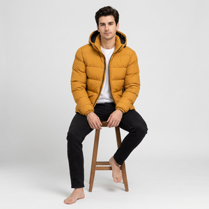 Men's Mustard <b>Yellow</b> Hooded <b>Puffer</b> <b>Jacket</b> Zipper Closure Windproof Thick Polyester Wadding Casual Winter Coat Regular Fit - Product Image 6