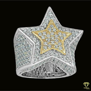 Star <b>Cocktail</b> <b>Ring</b> With Crystal Rhinestones Pave Setting Two Tone White And Yellow <b>Gold</b> Hiphop Style Unisex Jewelry - Product Image 2