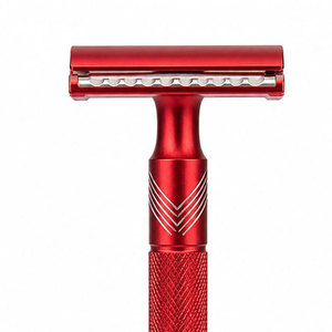 Rasoir de sécurité à double lame rouge, manche en acier inoxydable avec poignée en caoutchouc pour hommes, usage en salon de coiffure - Product Image 4