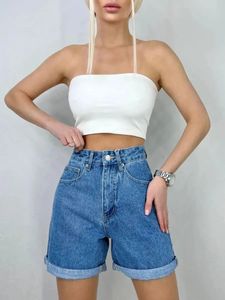 Shorts en jean taille haute pour femme, coupe ample, noir, avec taille élastique, jambes larges, pour l'été - Product Image 2