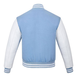 WholesMen's Light Blue Varsity <b>Jacket</b> with <b>White</b> PU Sleeves Stand Collar Zipper Closure Casual <b>Waterproof</b> Front Logo Autumn Wear - Product Image 5