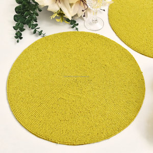 Yellow Beaded Placemat <b>Round</b> Handmade Dining <b>Table</b> <b>Mat</b> Charger Plate Kitchen Decor Wedding Party <b>Table</b> Setting - Product Image 1