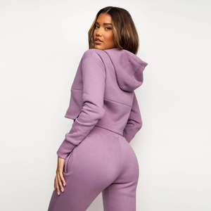Custom Women High Quality Organic Cotton French Terry Full Zip up Cropped Hoodie and Sweatpants <b>Set</b> for Ladies Tracksuit - Product Image 2