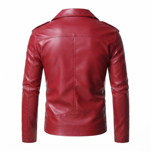 Custom Red Faux <b>Leather</b> Biker <b>Jacket</b> High Design Collar Slim Fit Coat With Belted Casual Outerwear For Unisex Comfort Wear - Product Image 2