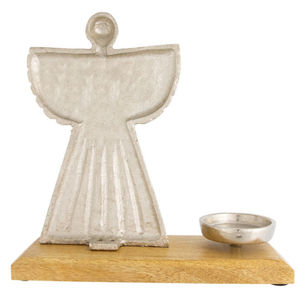 Heavenly Angel Metal Christmas Votive Candle Holder 10 Inch Height <b>Silver</b> With Mango Wood Base - Product Image 5