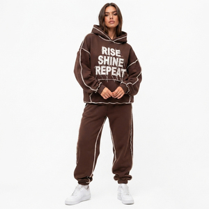 <b>Drop</b> Shoulder Distressed Embroidered Hoodie French Terry Sweatpants Set Outer Seam Pullover Fleece Hood Winter Jogger Track Set - Product Image 1