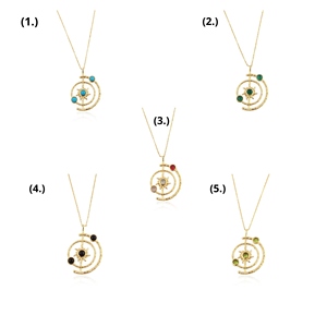 Collier pendentif orbite solaire en laiton plaqué or 18 carats avec pierres rondes turquoise bleues, inspiré de l'espace, chaîne réglable pour femme - Product Image 6