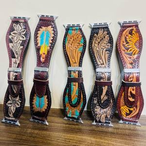 ร้อนขายหนังแท้ออกแบบที่กําหนดเองดอกไม้ตะวันตกมือTooledทาสีนาฬิกาBohoตะวันตกเปลี่ยนสายนาฬิกา - Product Image 5