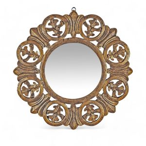 Espejo de Pared Redondo Moderno de Madera, Tallado Floral Hecho a Mano, Acabado Dorado y Negro, Decorativo para Bodas, Hogar y Oficina - Product Image 2