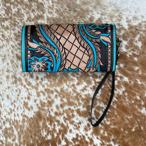 Cowgirl moda mano Tooled cuero turquesa flor cartera alta calidad cuero genuino mujeres tarjeta de crédito y teléfono mujer cartera - Product Image 3