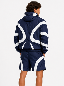 OEM Custom Logo Contrast Curved Stripe <b>Men's</b> Shorts Set Loose Fit Hooded Nylon Windbreaker <b>jacket</b> for <b>men</b> <b>Lightweight</b> Athletic - Product Image 3