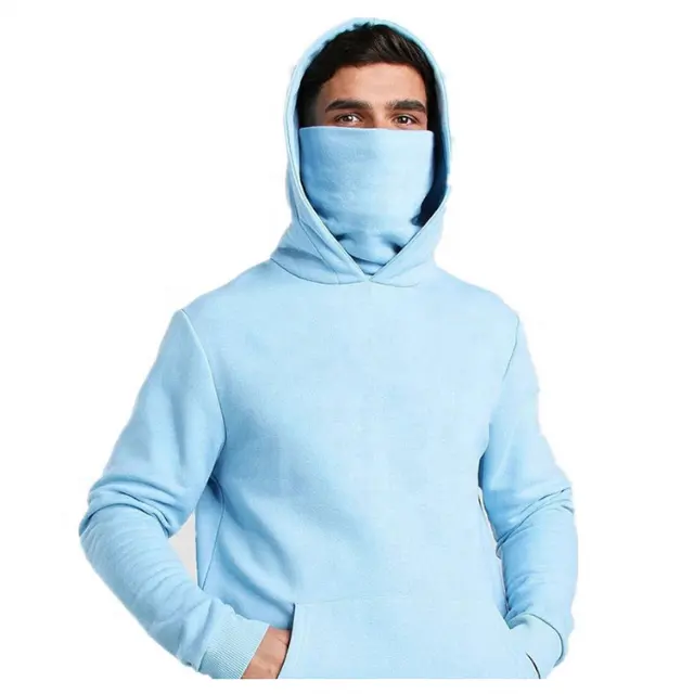 Wholesale streetwear pullover sky blue sweatshirts with face cover masked men's hoodies pullover lightweight slim fit hoodies