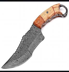 Handcrafted Damascus Steel Ring Grip Tracker Utility Knife Olive <b>Wood</b> Handle Sawback Spine Field <b>Tool</b> - Product Image 1