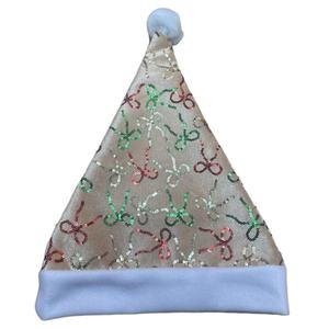 Chapeau de Père Noël rouge avec pompon blanc, motif nœud à paillettes, accessoire de costume pour fête de Noël, bonnet de Noël - Product Image 3