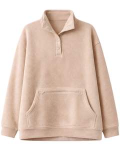 Sudadera con capucha de forro polar extragrande beige para mujer, con cuello de botón a cuarto, bolsillo canguro, gruesa, de invierno, de fabricante - Product Image 1