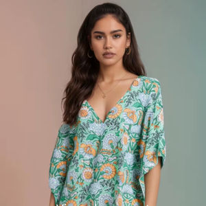 Exquisito Vestido Kaftán de Algodón 100% con Estampado Floral para Mujer, Estilo Bohemio, Mangas Tipo Kimono, Elegante Escote en V, Cintura Alta - Product Image 1