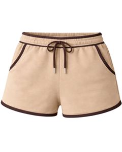 Pantalones Cortos de Algodón Personalizados para Mujer, Color Beige con Contraste Marrón Chocolate, Cintura Elástica, Ropa Deportiva Informal de Verano para Descansar - Product Image 1