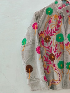Veste en velours brodée pour femme, col mandarin, broderie florale à la main, manches longues, style printemps - Product Image 6