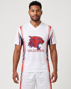 Camiseta Deportiva de Voleibol de Poliéster con Cuello en V, Blanca y Roja, Sublimada, de Secado Rápido, Personalizable, para Equipos, de Alto Rendimiento - Product Image 1