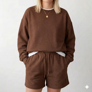 Conjunto Chic de Top Cuello Alto y Shorts por Encima de la Rodilla, Conjunto de Invierno para Doble Combinación, Ropa Urbana Sólida, Cómoda, Suave, Cálida, Informal y Elegante para Uso Diario - Product Image 1