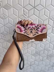 New Arrival Hand <b>Tooled</b> Carving Clutch Stylish <b>Leather</b> Pink Sun Flower Wallet Hair On Hide Multi Uses Western <b>Leather</b> Wallets - Product Image 4
