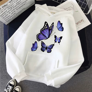 Sudadera con capucha para mujer, elegante y cómoda, con un moderno estampado gráfico de mariposa de los años 90 en color morado oscuro con logotipo personalizado. - Product Image 4