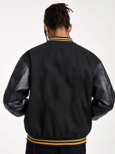 Black College Baseball Quilted <b>Jacket</b> Men Custom Logo Wool Feel Body Cotton Sleeves Striped Rib Trim Winter 100% Cotton - Product Image 5