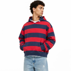 Sudadera con Capucha Unisex, Rayas Rojas y Azul Marino, Talla Grande, Transpirable, con Bolsillo Frontal, Corte Casual, Poliéster - Product Image 2