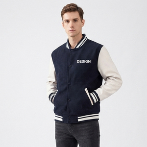 Blouson universitaire pour homme en laine avec manches en cuir PU, style Letterman, boutons-pression, bordure côtelée, bleu marine, personnalisable, vente en gros - Product Image 1
