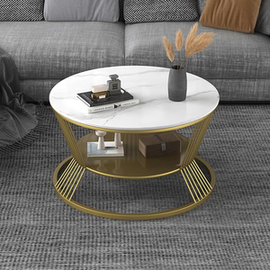 Table basse ronde moderne en contreplaqué avec finition effet marbre et structure en métal doré, table centrale contemporaine de luxe pour salon - Product Image 1