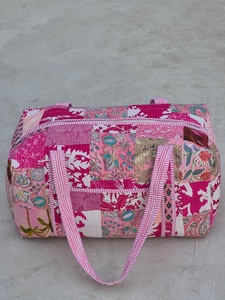 Handmade Floral Print Duffel <b>Bag</b> Blue Pink Cotton Quilted Weekender Travel <b>Bag</b> Large Capacity Zipper Closure - Product Image 1