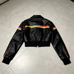Custom Cropped Leather Motorcycle <b>Jacket</b> Women OEM Retro Racing <b>Biker</b> <b>Jacket</b> with Colorful Stripes Girl Short Riding <b>Jacket</b> - Product Image 3