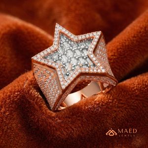 Bague étoile Iced Out pour homme, plaqué or rose 18 carats, avec diamant Moissanite VVS, style Hip Hop, coupe baguette, étoile à cinq branches, bague statement - Product Image 4