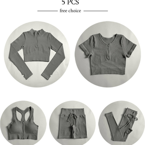 Conjunto de yoga acanalado de 5 piezas para mujer: sujetador deportivo de cintura alta, chaqueta con cremallera, leggings de longitud completa, ropa deportiva transpirable - Product Image 5