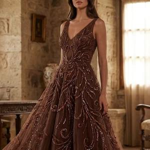 ชุดราตรีสีน้ำตาลทรงวีคอ ปักเลื่อมหนัก ดีไซน์ทรงเอไลน์ หรูหรา เหมาะสำหรับงานพรอมหรืองานเลี้ยงอย่างเป็นทางการ - Product Image 2