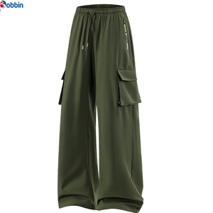 Top Trending Customized Men's Wide Leg Cargo Pants Elastic Waist Drawstring Lightweight Summer Casual <b>Trousers</b> Multiple Pockets - Product Image 4