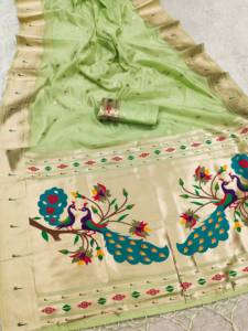 Silk Saree With Peacock Embroidery Hand Drawn Traditional Indian Wedding Wear For Women - Product Image 5