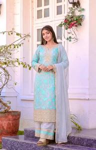 Women Traditional Salwar Kameez Light Blue Gold Embroidery Floor Length Silk Wedding Wear India Pakistan Ethnic <b>Dress</b> - Product Image 2