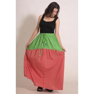Jupe longue trapèze décontractée en coton à carreaux et patchwork pour femme avec taille élastique à cordon de serrage - Product Image 2